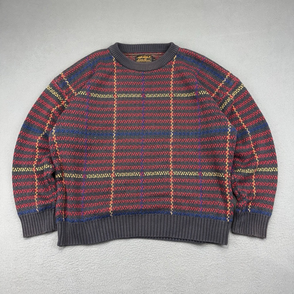 VTG Eddie Bauer 90s Geometric Checkered 100% Cotton Sweater Mens Large